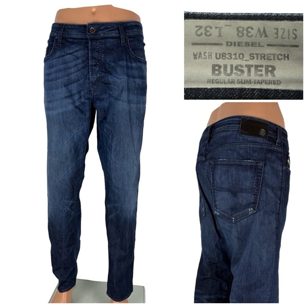Diesel Mens 38 X 32 Jeans Regular Slim Tapered Cotton Blend Distressed Stretch